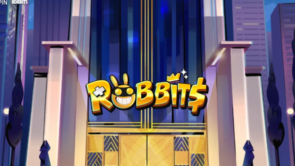 Tampilan visual karakter kelinci pencuri dalam slot Robbits dengan latar belakang kasino neon.