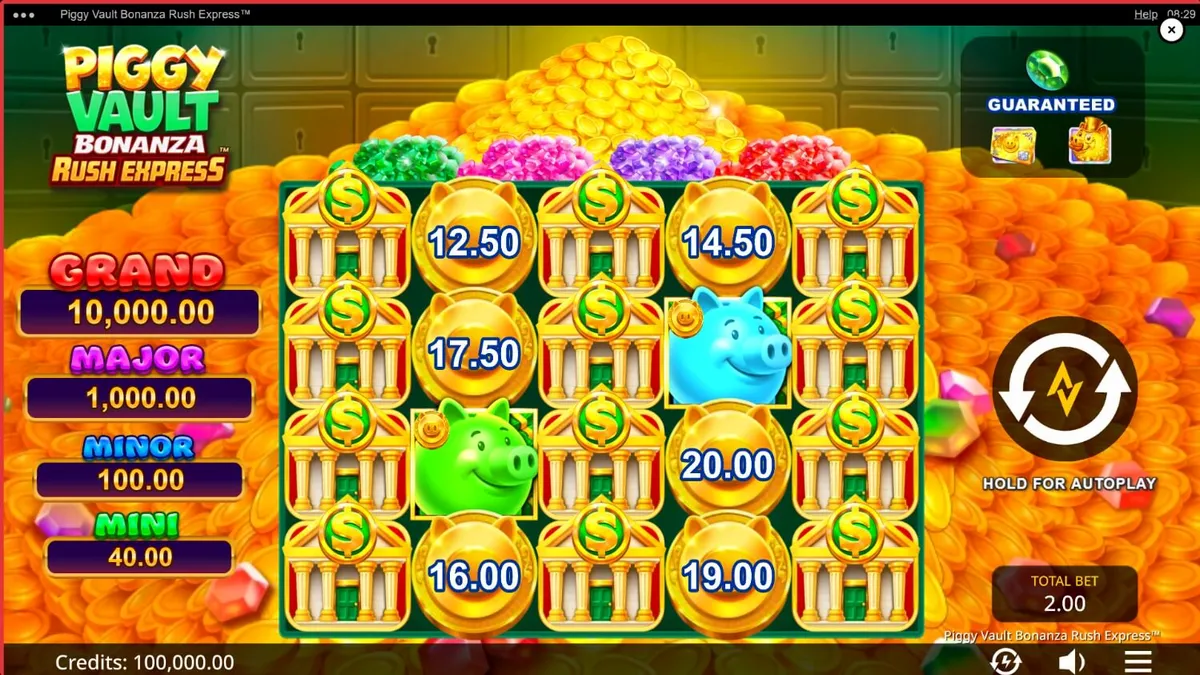 Tampilan visual mewah Piggy Vault Bonanza Rush Express dengan simbol emas dan brankas.